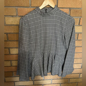 Top Shop Plaid Peplum Gingham Mock Neck Top Y2K Retro Blouse Women’s Size 6